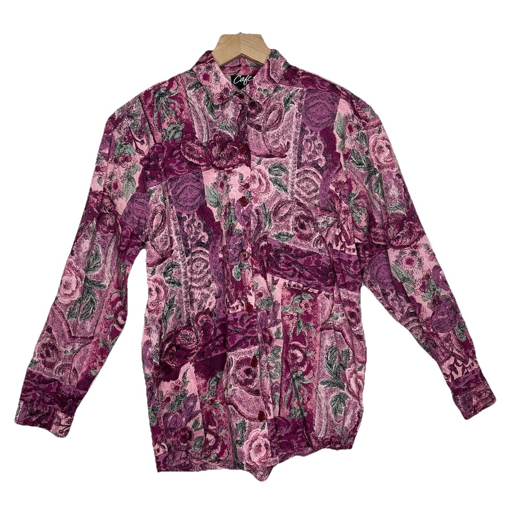 Vintage Blouse Button Up Pink Floral Rose 80s Shoulder Pads‎ Small Artsy Shirt